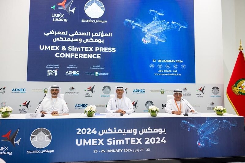 Tawazun Council and UAE government officials address a press conference on the first day of Umex & Simtex 2024