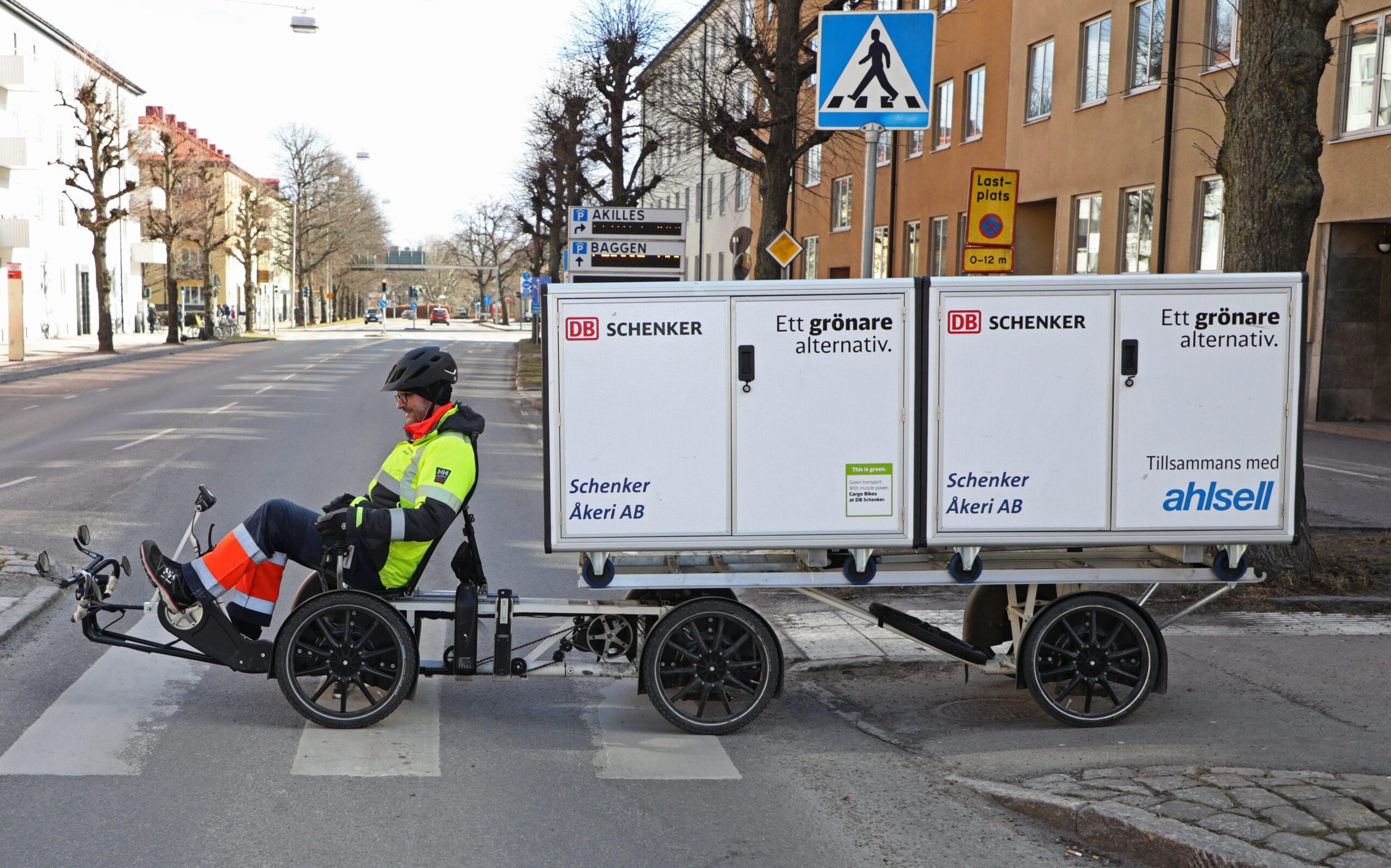 A DB Schenker cargo bike making deliveries in Linkoping, Sweden. The company employs around 70,000 people in 130 countries