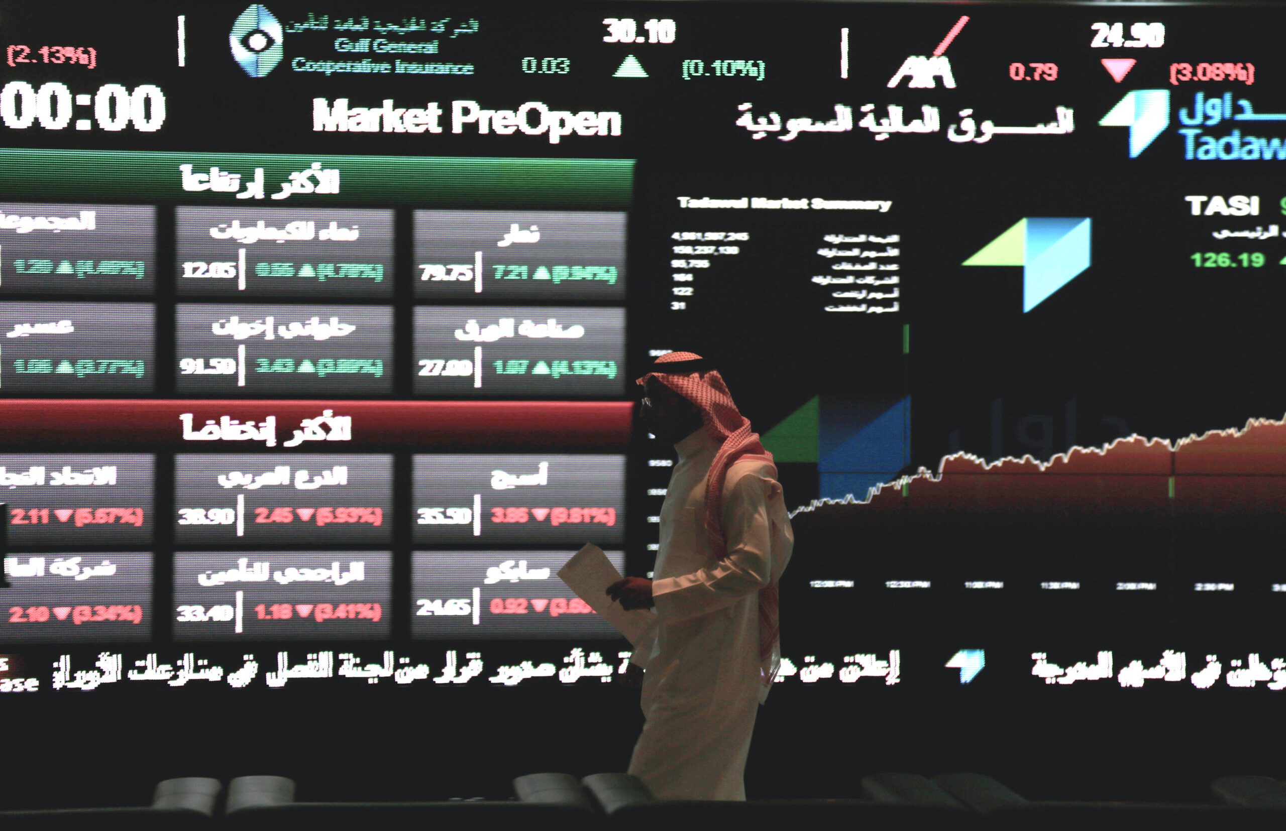 A Tadawul trader looks at prices on the Saudi stock exchange. Aramco's profits have fallen as Riyadh reduces oil output
