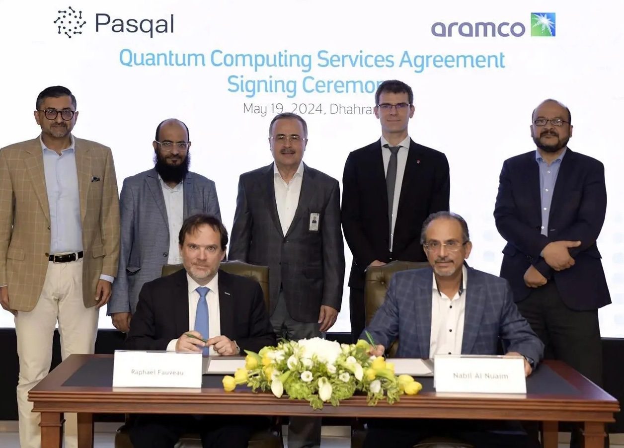 Saudi Aramco CEO Amin Nasser (centre back) at the signing ceremony for the quantum computer deal with Pasqal