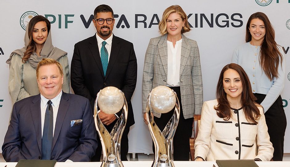 Marina Storti, CEO of WTA Ventures, front right, and Kevin Foster, head of communications at PIF, front left, at the signing of the sponsorship agreement between the two