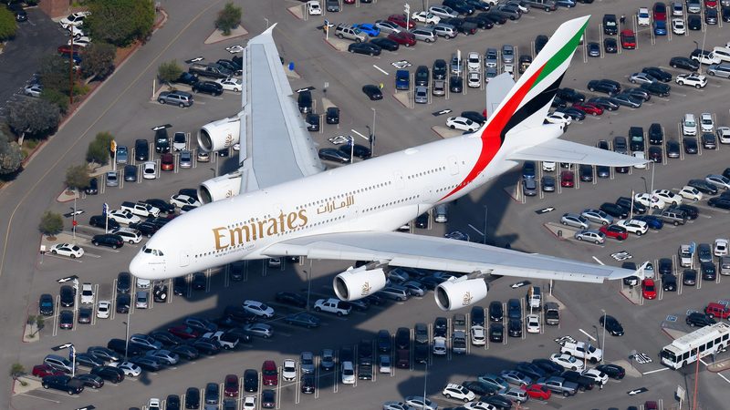 2KEY8G1 Emirates Airline Airbus A380 aircraft landing. Aerial view of Emirates Airlines A380-800 airplane. An Emirates plane coming in to land at LAX; a spokesperson for Emirates said the contraventions were for safety reasons