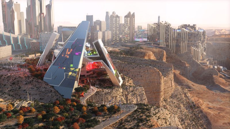The arts centre, designed by Tom Wiscombe, will be a futuristic building that straddles rugged mountains outside Riyadh