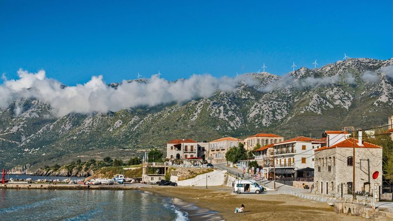 Wind turbines above the village of Kotronas in the Peloponnese region. Greece's Terna Energy invests in wind, solar, hydroelectric and pumped storage projects