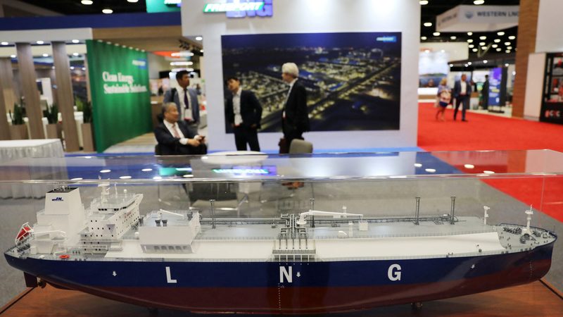 A model of an LNG carrier displayed by China's Jiangnan Shipyard at a trade show last year. Adnoc placed a $1.2bn order with the shipbuilder for six such vessels