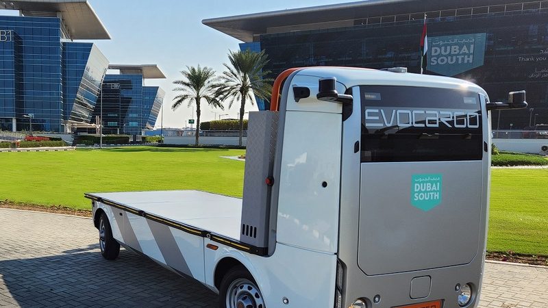 Transportation, Vehicle, Flat Bed Truck The testing was carried out on a set route in a closed area of the logistics district in Dubai South with the Evocargo N1 unmanned electric truck