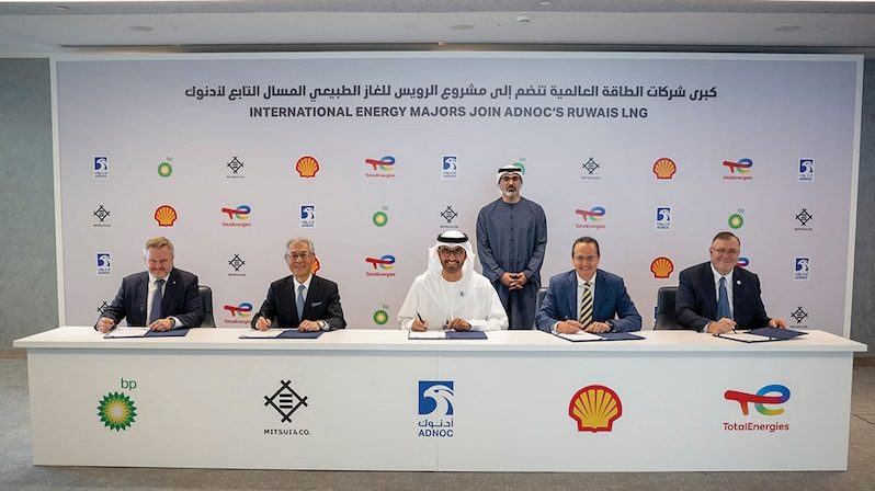From left to right: BP CEO Murray Auchincloss, Mitsui & Co. president and CEO Kenichi Hori, Adnoc CEO Sultan Ahmed Al Jaber, Shell CEO Wael Sawan and TotalEnergies CEO Patrick Pouyanné at the Ruwais agreement signing