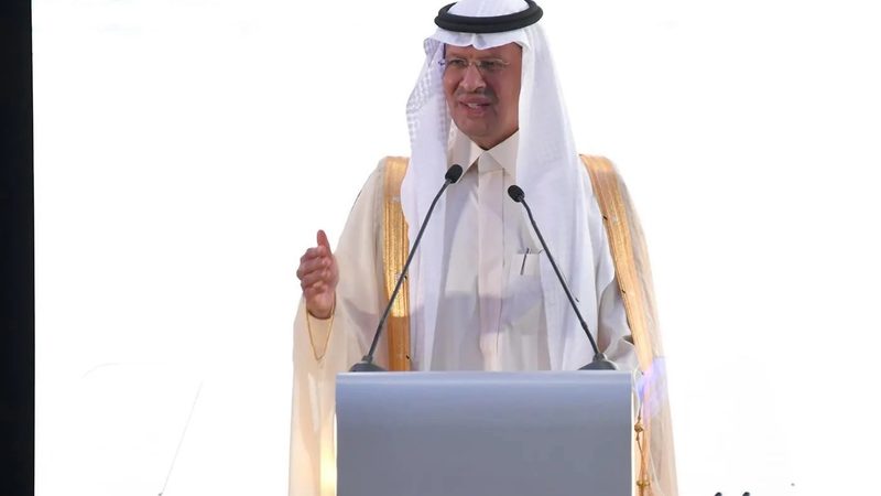 Saudi energy minister Prince Abdulaziz bin Salman Al Saud speaks at the contract awards ceremony