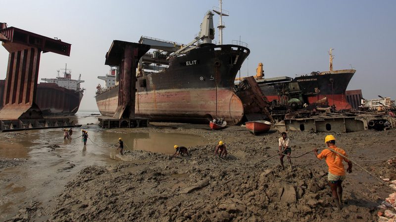 The Chittagong ship-breaking yard in Bangladesh. The industry is estimated to provide at least 50% of the country's steel