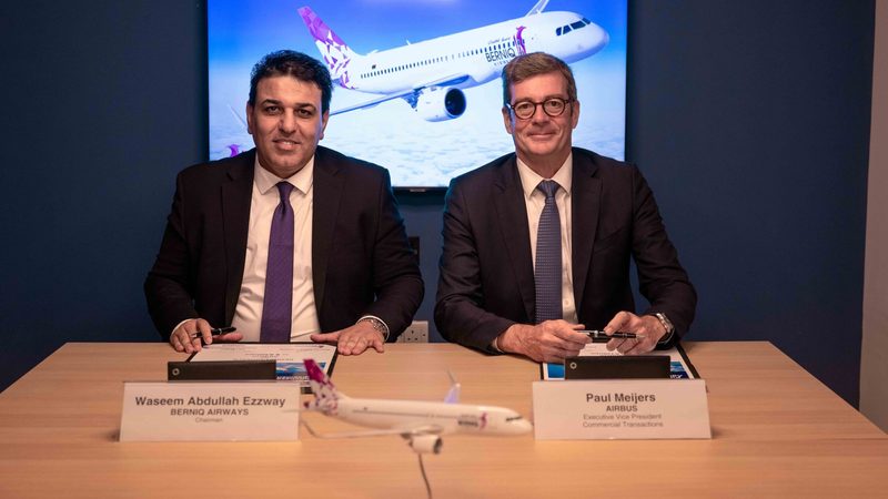 Berniq Airways and Airbus chiefs sign the deal