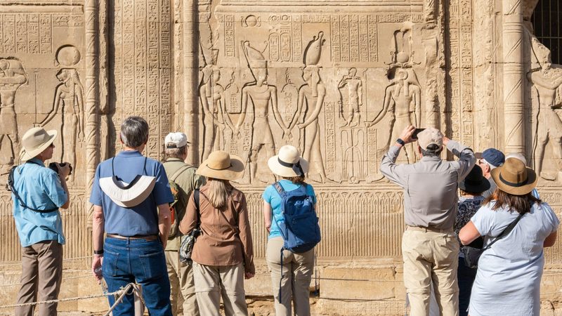 Tourists at the Temple of Hathor, in Dendera, Egypt. 7.1m people visited the country in the first half of 2024