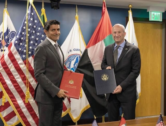 Ali Mohammed Al Shamsi, pictured with Troy Miller, said the agreement would strengthen trade between the US and UAE