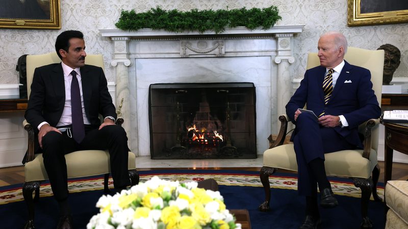 US President Joe Biden meeting with Qatari Emir Sheikh Tamim bin Hamad Al Thani in 2022; the US has announced new visa waiver arrangements between the two countries