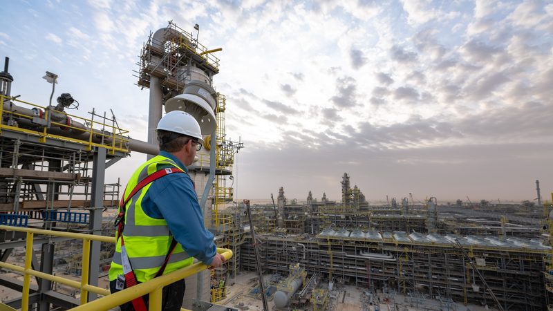 An employee inspects construction work at the Fadhili gas plant project; Aramco reported a second-quarter net profit of $28.3 billion – almost half the regional profit total – but Sico excludes the company from its calculations