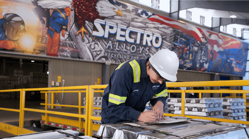 Person, Worker, Clothing Spectro Alloys is a secondary foundry alloy maker in the US, producing 110,000 tonnes of aluminium ingots per year