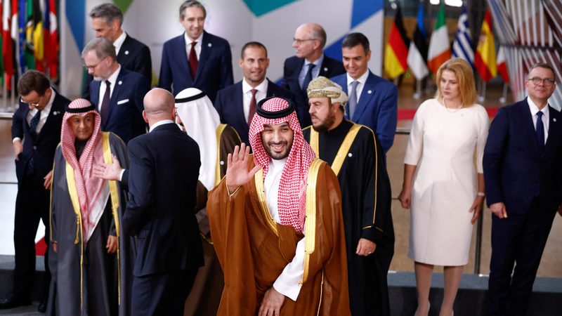 Saudi Arabia's Crown Prince Mohammed bin Salman waves during the joint EU-GCC summit in Brussels, Belgium