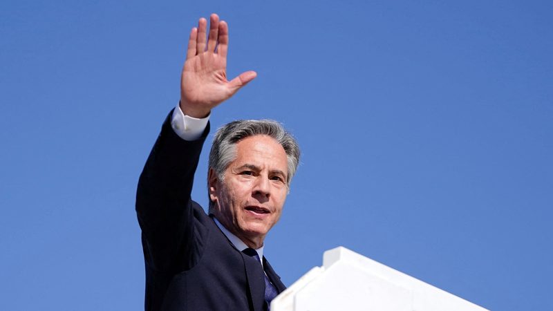 US Secretary of State Antony Blinken boards a plane in Maryland, US, en route to the Middle East