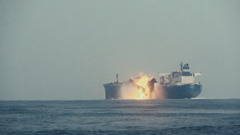 The oil tanker Cordelia Moon is hit by a missile in the Red Sea, off Yemen's Red Sea Port of Hodeida, in this screengrab from a video released on October 1, 2024