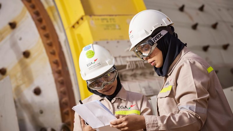 Emirates Global Aluminium engineers at the company's Al Taweelah refinery. EGA sells its green aluminium to European car makers