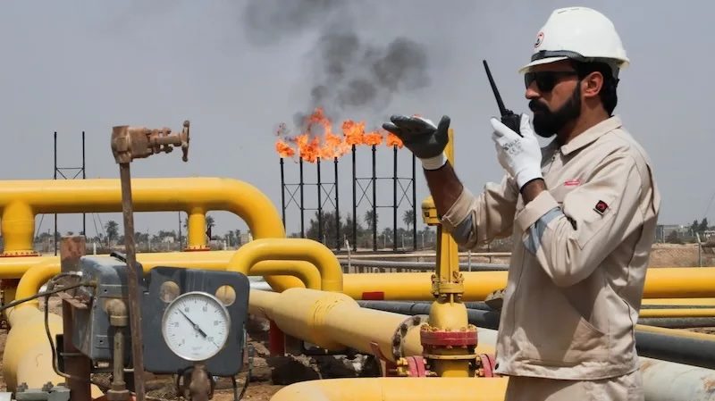 A worker at Nahr Bin Umar oil field, north of Basra, Iraq. Supply fears have been tempered by Opec's spare production capacity