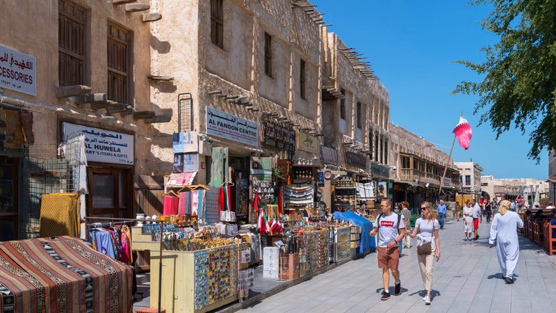 Tourists in Souq Waqif, Doha, Qatar. The country welcomed 328,000 visitors in August