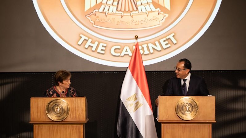 IMF managing director Kristalina Georgieva and Egyptian prime minister Mostafa Madbouly at a press conference