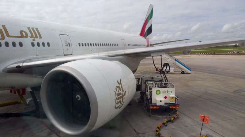 An Emirates plane refueling. The UAE wants 1 percent of its jet fuel to be locallly produced SAF by 2031