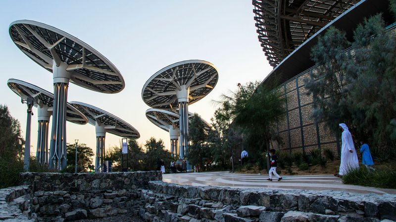 Solar panels at Dubai's Expo 2020. The UAE is making progress in renewable energy and has set ambitious NDCs to reduce its greenhouse gas emissions