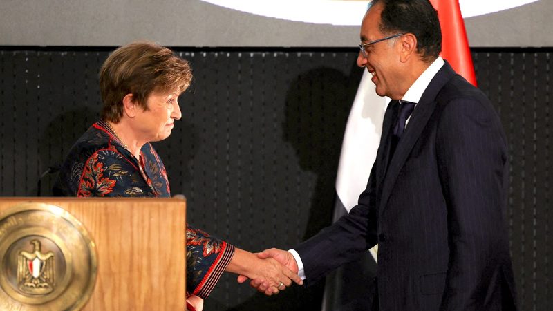 IMF managing director Kristalina Georgieva with Egyptian prime minister Mostafa Madbouly earlier this month. Egypt is waiting on a $1.3bn deposit from the IMF