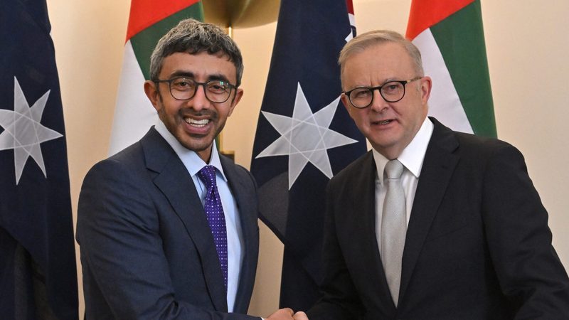 UAE foreign minister and deputy prime minister Abdullah bin Zayed Al Nahyan is greeted by Australian prime minister Anthony Albanese at Parliament House in Canberra