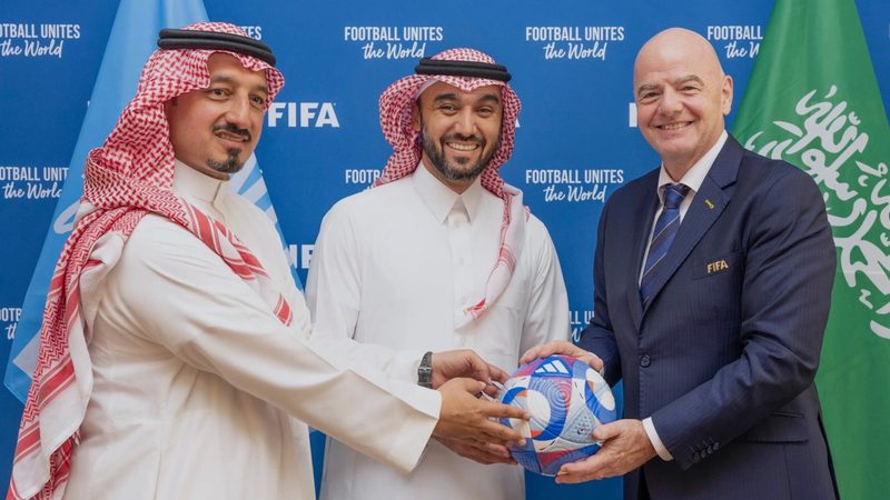 Saudi world cup risk Fifa president Gianni Infantino, right, with the Saudi Arabian minister for sport, Prince Abdulaziz bin Turki Al Faisal, and the president of the Saudi football federation, Yasser Al Misehal