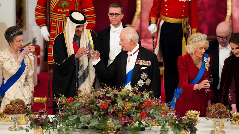 Britain's King Charles and Queen Camilla with the Emir of Qatar Sheikh Tamim bin Hamad Al Thani and Britain's Princess Anne, Princess Royal attend a State Banquet at Buckingham Palace, London, during the state visit to the UK of the Emir of Qatar, Britain, December 3, 2024.