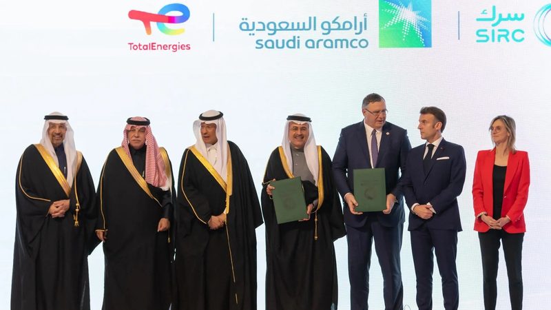 French president Emmanuel Macron and Prince Abdulaziz bin Salman bin Abdulaziz, Minister of Energy, attend the signing of the SAF agreement