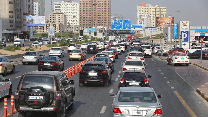 Traffic on Al Wahda Street in Sharjah, the main route connecting to Dubai. Many Dubai workers commute from Sharjah