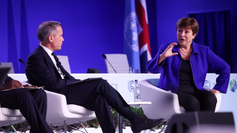 Former Bank of England governor Mark Carney, pictured at Cop26 with IMF managing director Kristalina Georgieva, was the main force behind the launch of the Net Zero Banking Alliance