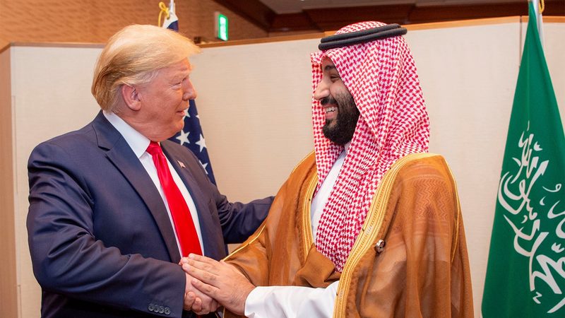 Donald Trump and Crown Prince Mohammed bin Salman shake hands at a G20 summit during the president's first term. Trump's new team can work on a uranium deal with Riyadh