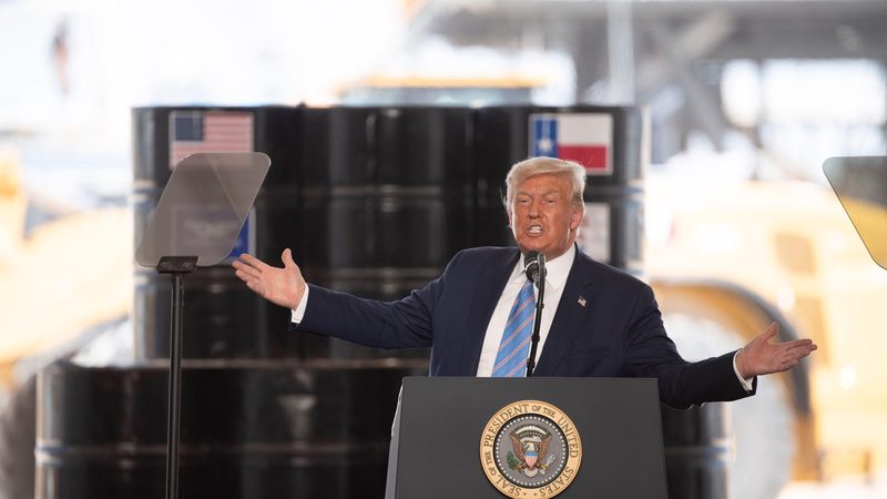 Donald Trump delivers a speech at an oil drilling rig in Texas. He said last week that the US is 'not going to do the wind thing'