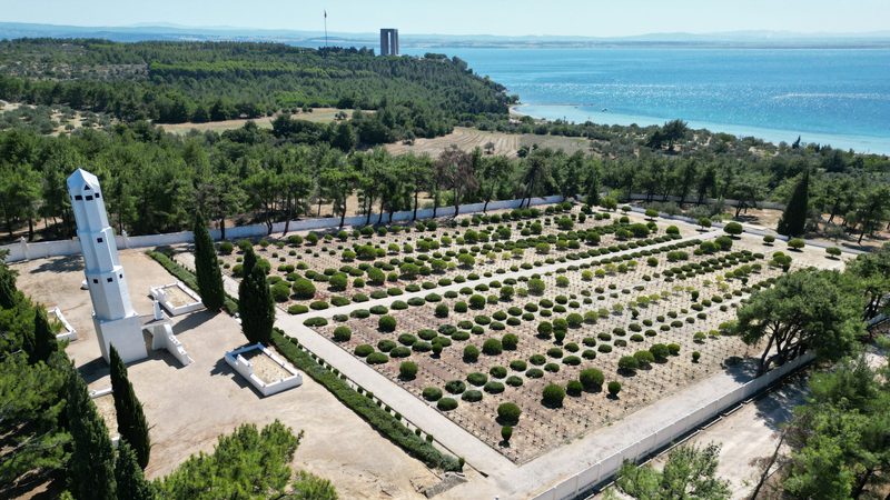 The French cemetery and memorial at Gallipoli with the Turkish National Memorial in the background