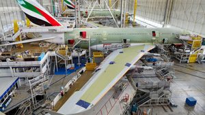 Emirates Airline A380s being assembled at the Airbus factory in Toulouse, France