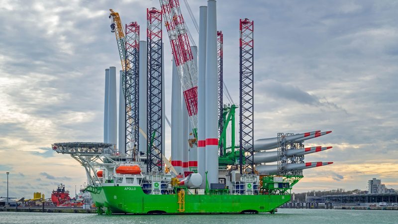 A wind turbine installation vessel in Ostend port, Belgium. NMDC Energy says wind will account for as much as 20 percent of the company's revenues in the next few years