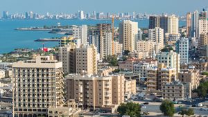 Elevated view of the city skyline and residential suburbs, Kuwait City, Kuwait, Middle East