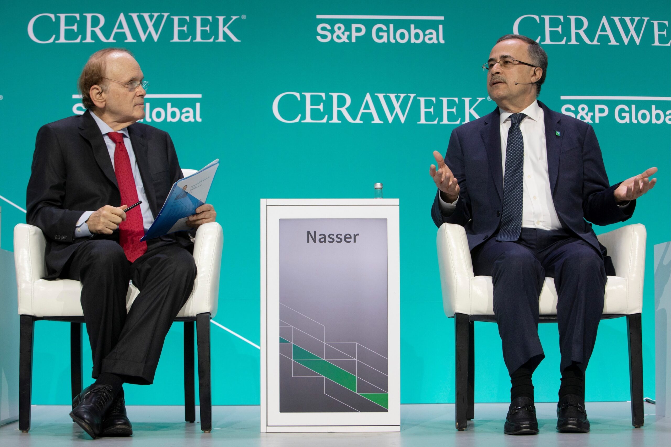 CERAWeek host Daniel Yergin and Saudi Aramco CEO Amin Nasser onstage at the 2022 event