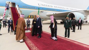 Donald Trump's first visit to Saudi Arabia in 2017, when he announced Saudi investments said to have been worth $350bn