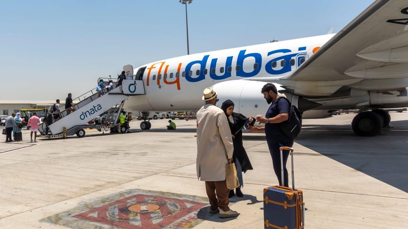 Passengers boarding a FlyDubai aircraft in Dubai. The airline's fleet is made up of narrow-body jets