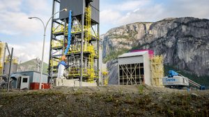 Carbon Engineering Direct Air Capture (DAC) carbon capture plant with the Squamish Chief mountain in the background.