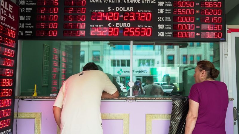 People at a currency exchange in Izmir, Turkey. The Turkish government has a 2026 inflation target of 12 percent