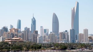 2JC8E4F A panoramic view of the Kuwait City Skyline