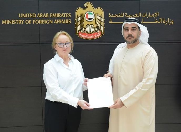 Sarah Mooney with Rashid Abdulla Al Qaseer, deputy director of the Ministry of Foreign Affairs' Dubai office