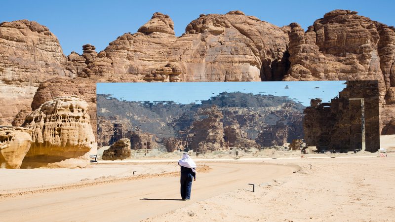 The mirrored building in Madain Saleh at the Alula giga-project in Saudi Arabia