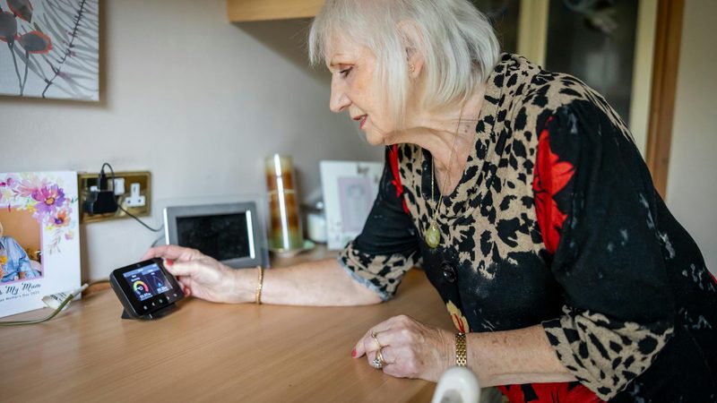 An older white woman checks a smart meter at home. Mubadala says Calisen has an installed base of 16 million smart meters